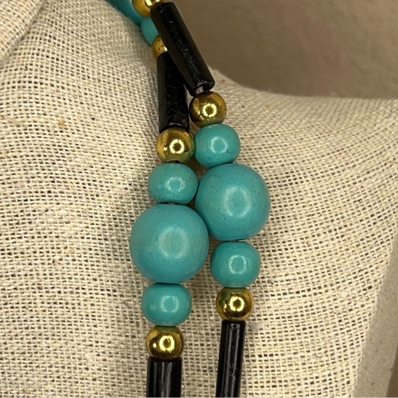 TEAL BLACK WOODEN BEADED NECKLACE TRIBAL GOLD ACCENT SPRING RING - Picture 6 of 7